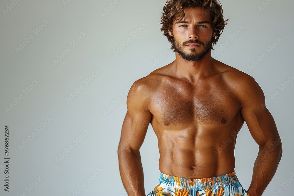 Fototapeta premium Handsome muscular man with a beard posing in swim trunks