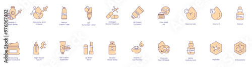 Skincare Essentials Icons: Vitamin C, Hyaluronic Acid, Retinol, SPF, Collagen, BB Cream, Face Mask, Niacinamide, Vitamin E, Moisturizing Cream, Night Repair Cream, Eye Cream, Lip Balm, Charcoal