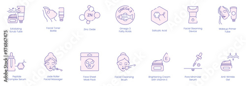 Essential Facial Care Icons: Exfoliating Scrub Tube, Facial Toner, Zinc Oxide, Omega-3 Fatty Acid, Salicylic Acid, Facial Steaming Device, Makeup Primer Tube, Peptides, Complex Serum, Jade Roller 