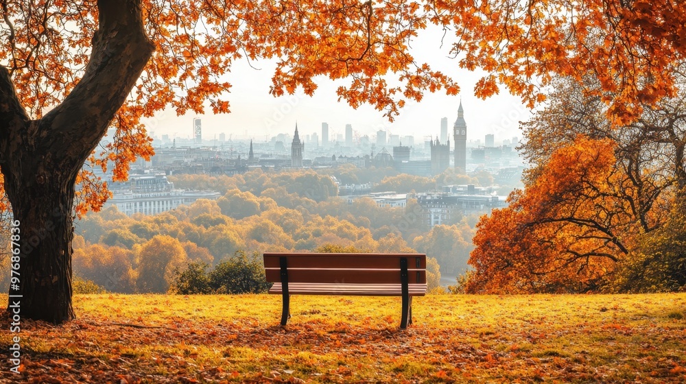 Lonely Bench in autumn Park with city view red and yellow maple trees and blue sky,Autumn forest path,Lawn in autumn city park in Sunny day,Trees with yellow leaves in park,Natural Wallpaper. Lonely Bench in autumn Park with city view red and yellow maple trees and blue sky,Autumn forest path,Lawn in autumn city park in Sunny day,Trees with yellow leaves in park,Natural Wallpaper.