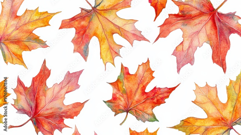 Watercolor collection of autumn maple leaves and red,yellow,Hand drawn nature design elements isolated on white background,Hand paint,Perfect for creating cards, design,copy space. Watercolor collection of autumn maple leaves and red,yellow,Hand drawn nature design elements isolated on white background,Hand paint,Perfect for creating cards, design,copy space.