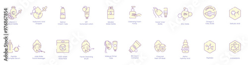 Complete Skincare Routine Icons: Vitamin C Serum, Hyaluronic Acid, Retinol, SPF, Cleansing Foam, Facial Toner, Zinc Oxide, Omega-3, Salicylic Acid, Peptides, Jade Roller, Face Sheet Mask 