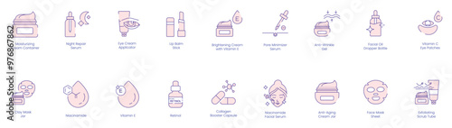 Skincare Vector Icon Set with Moisturizing Cream, Night Repair Serum, Eye Cream Applicator, Lip Balm, Brightening Cream, Pore Minimizer, Anti-Wrinkle Gel, Face Oil, Vitamin C Eye Protector, Face Mask
