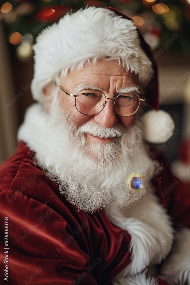 Jolly Santa Claus with Twinkling Eyes and Warm Smile Posing in Front of Christmas Tree Jolly Santa Claus with Twinkling Eyes and Warm Smile Posing in Front of Christmas Tree