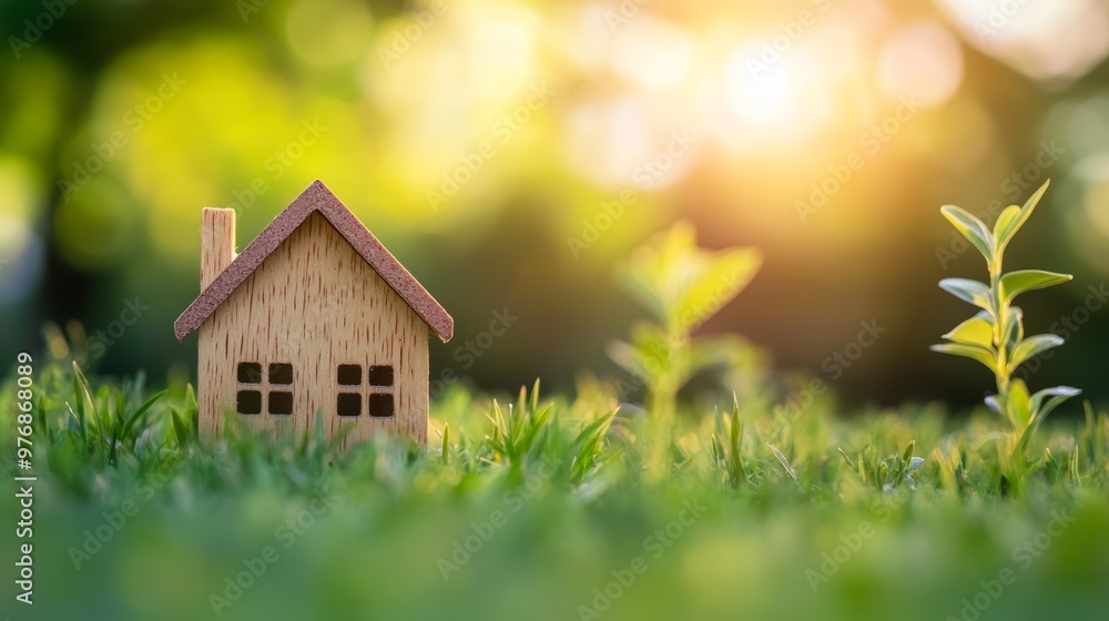 Small Wooden House Model in Green Grass with Sunlight Small Wooden House Model in Green Grass with Sunlight
