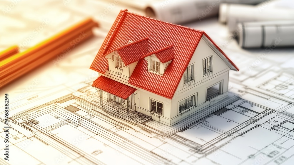 House Model on Architectural Blueprint with Pencil House Model on Architectural Blueprint with Pencil