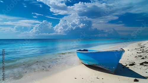 On the edge of a sandy beach a blue boat awaits an exciting journey