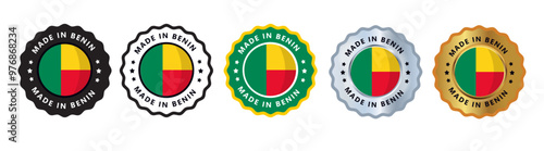 Made in benin set of sign stamp badge, with varian color green yellow, silver, gold, black suitable for products manufactured, military, agriculture or food vector illustration eps editable text