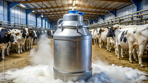 Liquid nitrogen tank containing bull sperm for artificial insemination of cows, Liquid nitrogen photo