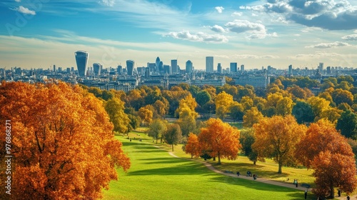 Colorful autumn Park with city view red and yellow maple trees and blue sky,Autumn forest path,Lawn in autumn city park in Sunny day,Trees with yellow leaves in park,Natural Wallpaper.