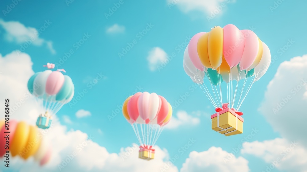 Fototapeta premium A Box flying on a parachute with pink cloud,vector illustration of package flying down from sky and cloud with parachute, concept for delivery service,shopping online,air delivery service.