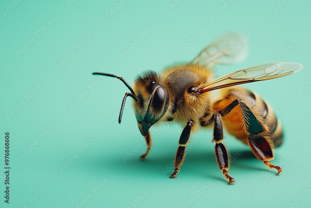 A bee is standing on a green surface. The bee is brown and black in color A bee is standing on a green surface. The bee is brown and black in color