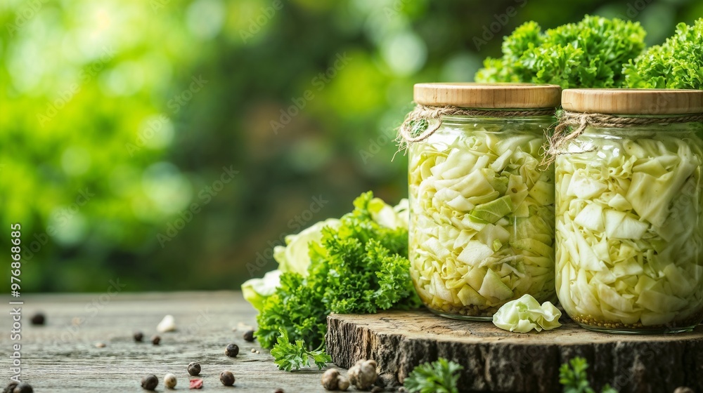 Pickled cabbage in jars with fresh cabbage on a wooden table and a vibrant green background Pickled cabbage in jars with fresh cabbage on a wooden table and a vibrant green background