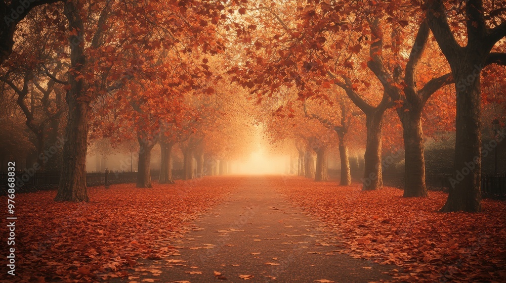 Fototapeta premium Colorful autumn Park with pathway,red and yellow maple trees and blue sky,Autumn forest path,Lawn in autumn city park in Sunny day,Trees with yellow leaves in park,Natural Wallpaper.
