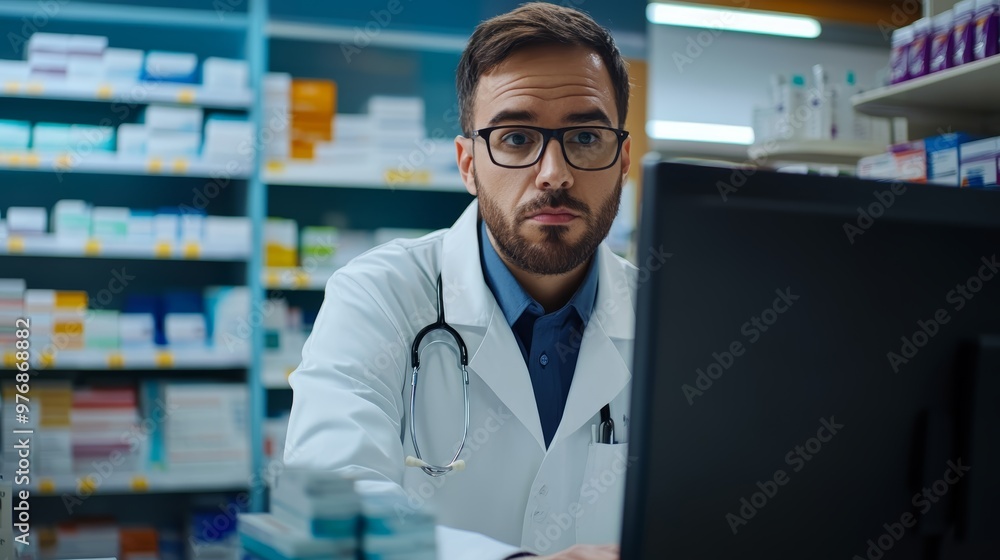 Pharmacist Working at Computer in Pharmacy Pharmacist Working at Computer in Pharmacy