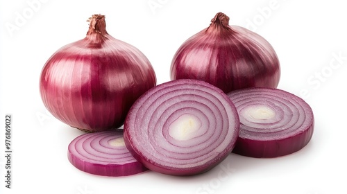 Red onion, both whole and in slices, arranged on a clean white background. The deep red skin contrasts with the soft white interior.