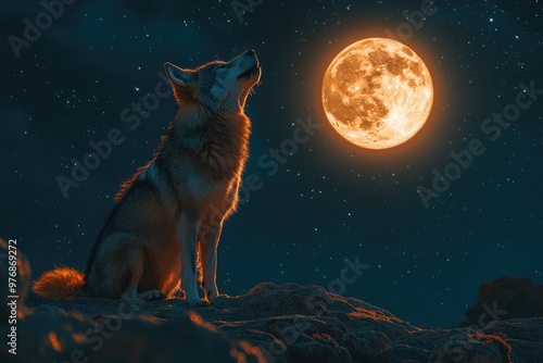 Wallpaper Mural Wolf howling at the big blood moon in a starry night Torontodigital.ca