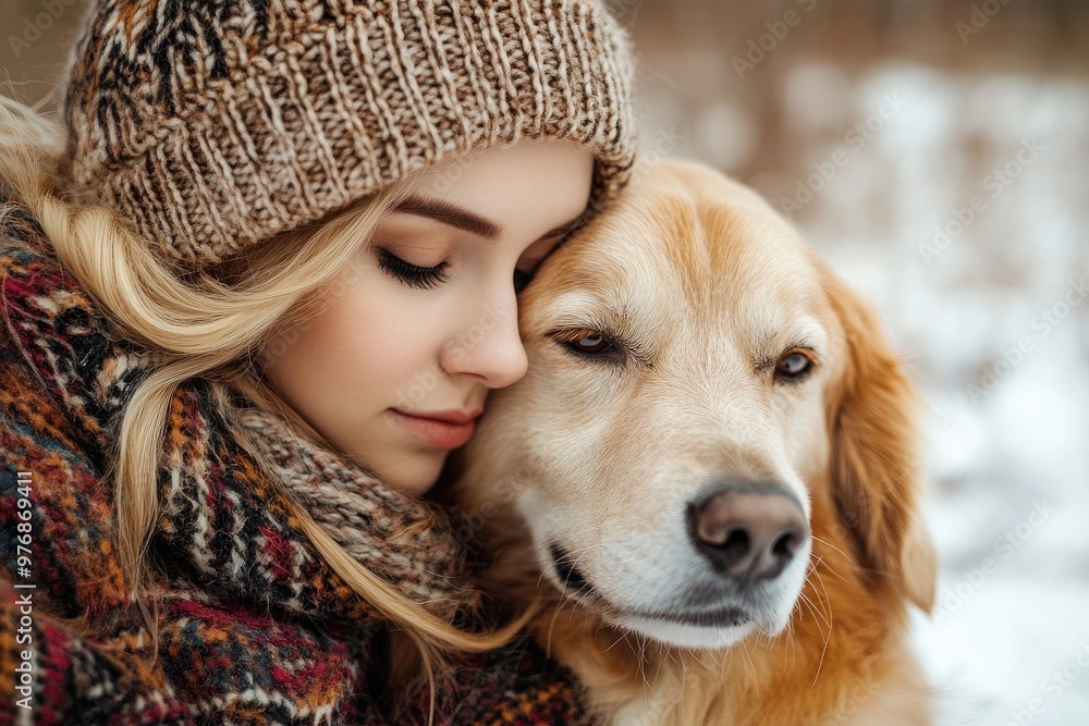 Young woman hugging her dog with closed eyes Young woman hugging her dog with closed eyes
