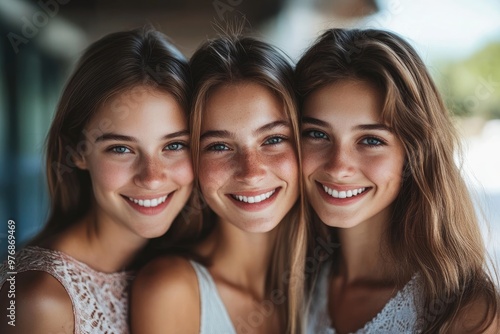 Three attractive young women smiling together outdoors