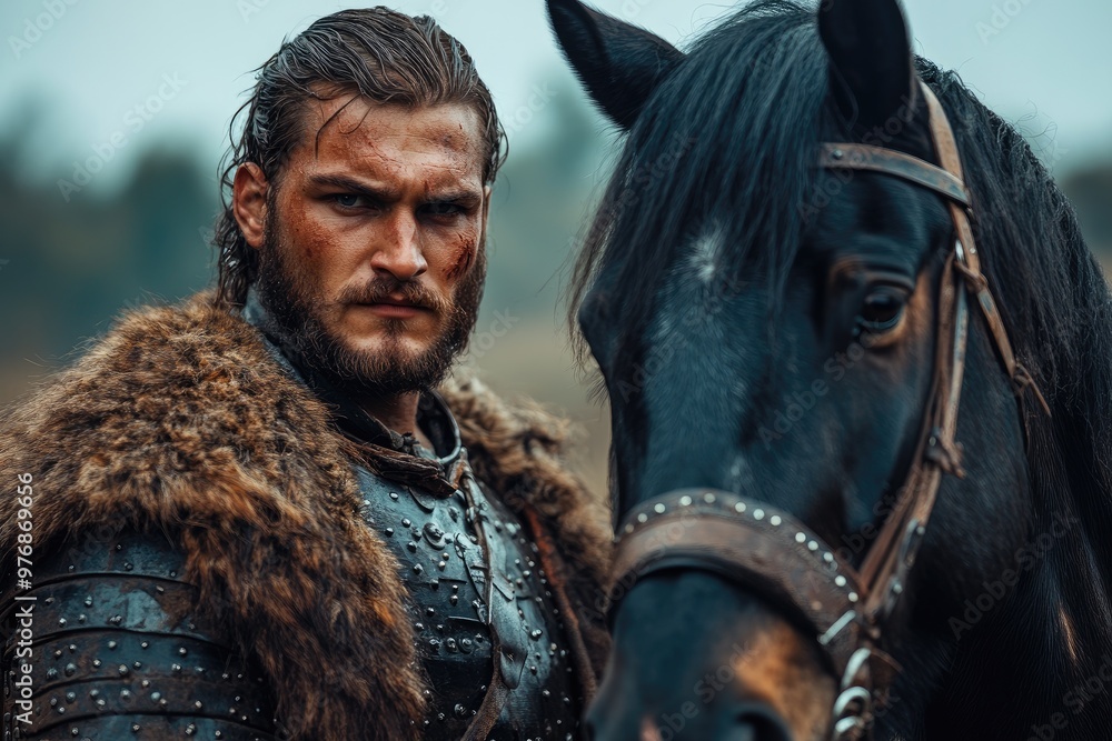 Medieval warrior king with scars posing with horse outdoors Medieval warrior king with scars posing with horse outdoors