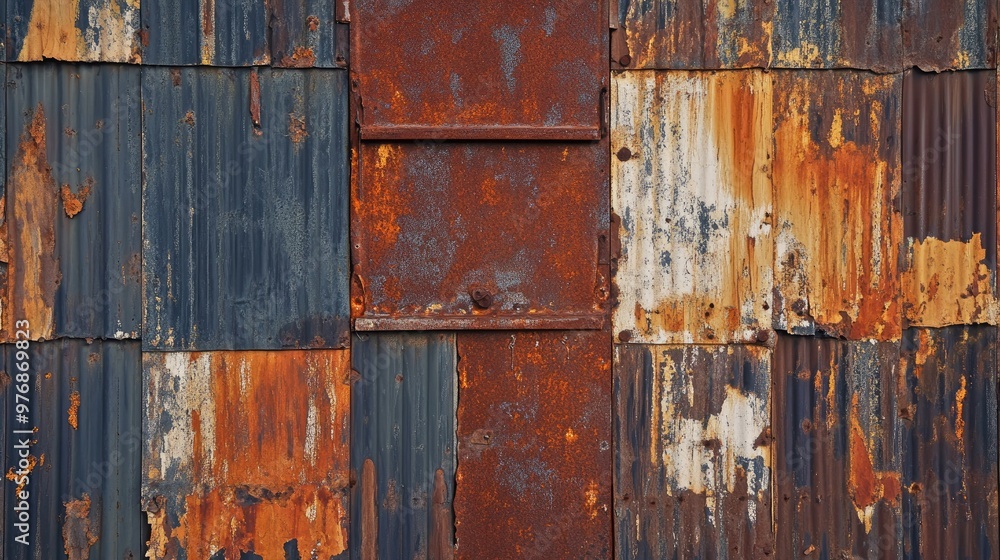 Rusty, corroded iron boards hanging unevenly on an old, decayed building exterior, showing signs of wear and time. Rusty, corroded iron boards hanging unevenly on an old, decayed building exterior, showing signs of wear and time.