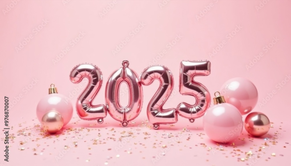 pink chrome balloons of the new year 2025 twenty twenty five among confetti on a blue background i. Happy new year celebration . Ai generated, ai pink chrome balloons of the new year 2025 twenty twenty five among confetti on a blue background i. Happy new year celebration . Ai generated, ai