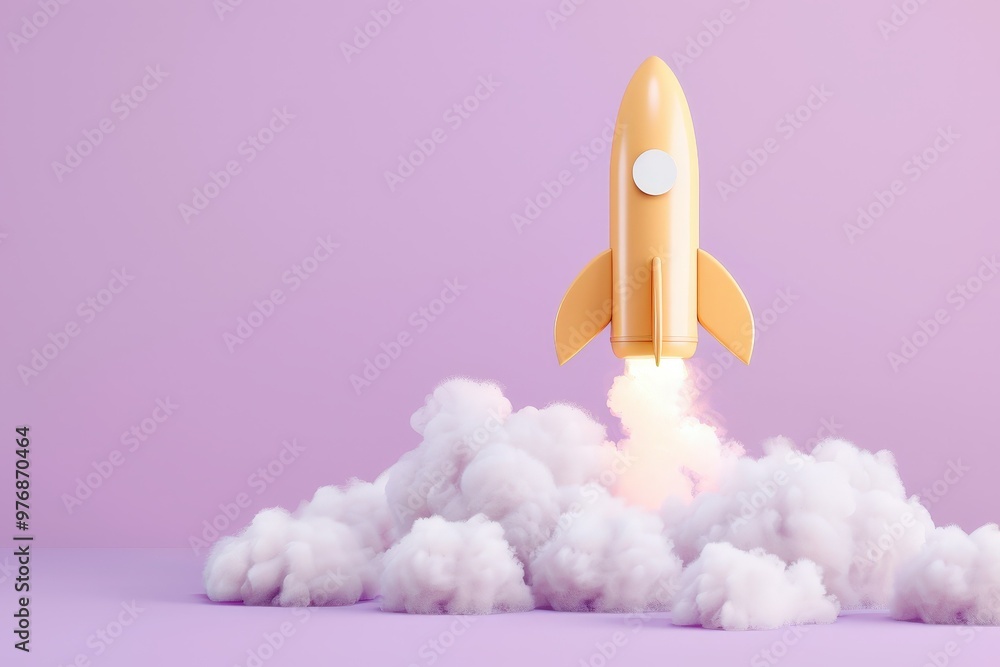 Fototapeta premium Rocket launching on yellow background, New Project, Start-up, Creativity, Big idea. Beautiful simple AI generated image