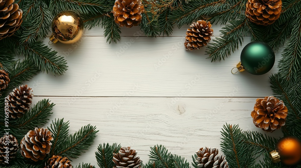 A Christmas tree with pine cones and ornaments. The pine cones are green and brown and the ornaments are gold and silver A Christmas tree with pine cones and ornaments. The pine cones are green and brown and the ornaments are gold and silver
