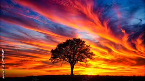 Colorful sunset with a flame-like cloud silhouette tree against a red sky, sunset, colorful, flame, cloud, silhouette, tree