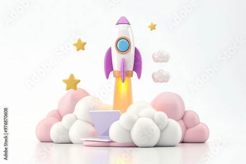 Rocket launching on yellow background, New Project, Start-up, Creativity, Big idea. Beautiful simple AI generated image