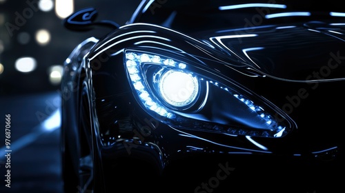 Sleek luxury car, close-up of shining headlight against the dark night, racing on a dimly lit road.