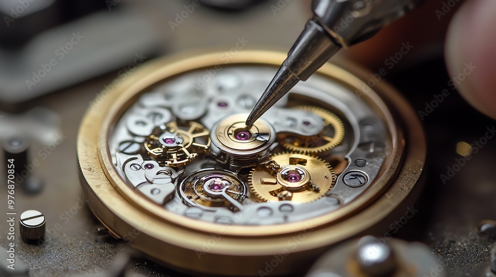 A watchmaker is working on the inner workings of a watch with tweezers. A watchmaker is working on the inner workings of a watch with tweezers.