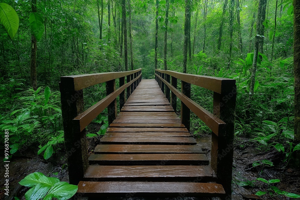 Obraz premium A wooden bridge over a forest with rain on it. The bridge is narrow and has a wooden railing