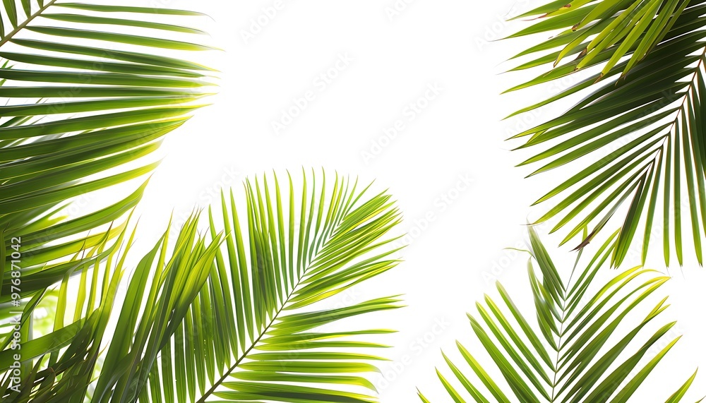 Green palm leaves isolated on white background with copy space for text. Green palm leaves isolated on white background with copy space for text.