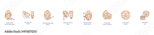Facial Care Essentials Icons: Jade Roller Facial Massager, Face Toner, Facial Cleansing, Makeup Primer, Niacinamide, Charcoal Peel-Off Mask, Face Mask, Clay Mask
