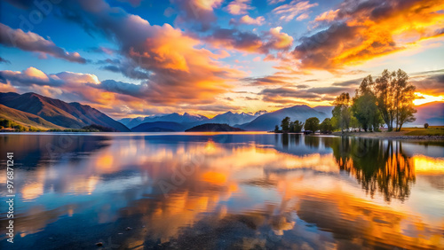 Sunset casting a colorful reflection on the calm waters of Wanaka Lake in New Zealand , Wanaka, Lake, New Zealand, Sunset