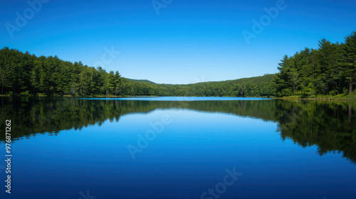 A crystal-clear blue sky reflected in a calm lake, creating a mirror-like effect that doubles the beauty of the scene.
