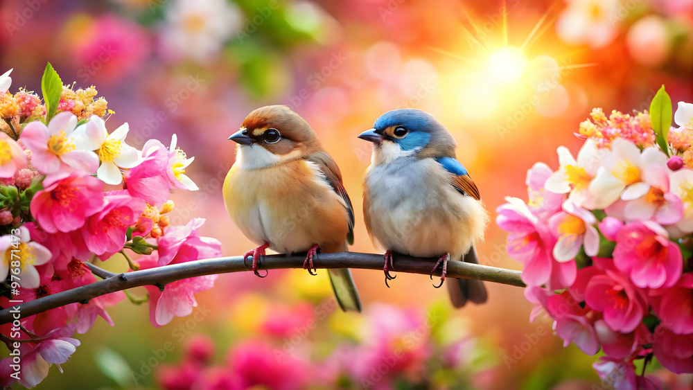 Two adorable love birds perched on a tree branch surrounded by colorful flowers, love birds, tree branch, flowers, nature Two adorable love birds perched on a tree branch surrounded by colorful flowers, love birds, tree branch, flowers, nature