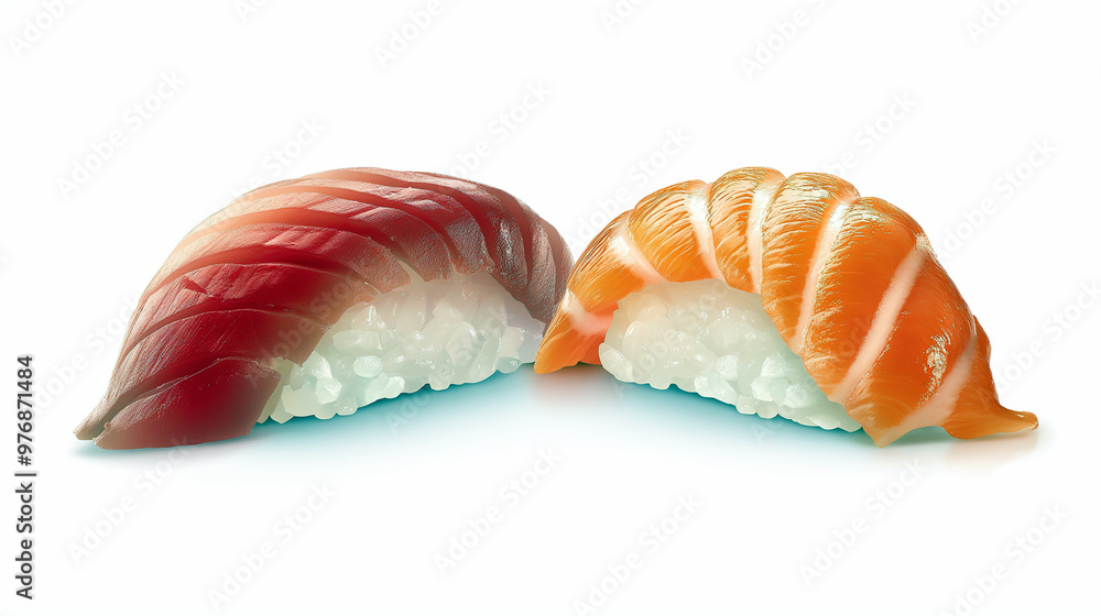 Detailed Nigiri Sushi with Fresh Salmon and Tuna Detailed Nigiri Sushi with Fresh Salmon and Tuna