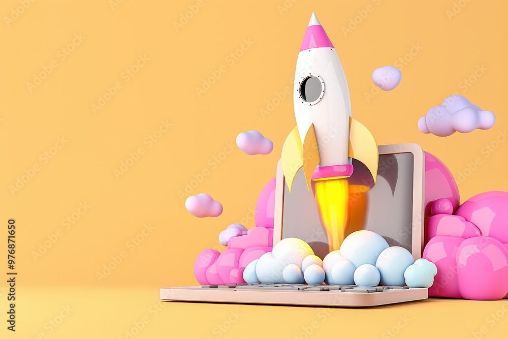 Rocket launching on yellow background, New Project, Start-up, Creativity, Big idea. Beautiful simple AI generated image Rocket launching on yellow background, New Project, Start-up, Creativity, Big idea. Beautiful simple AI generated image