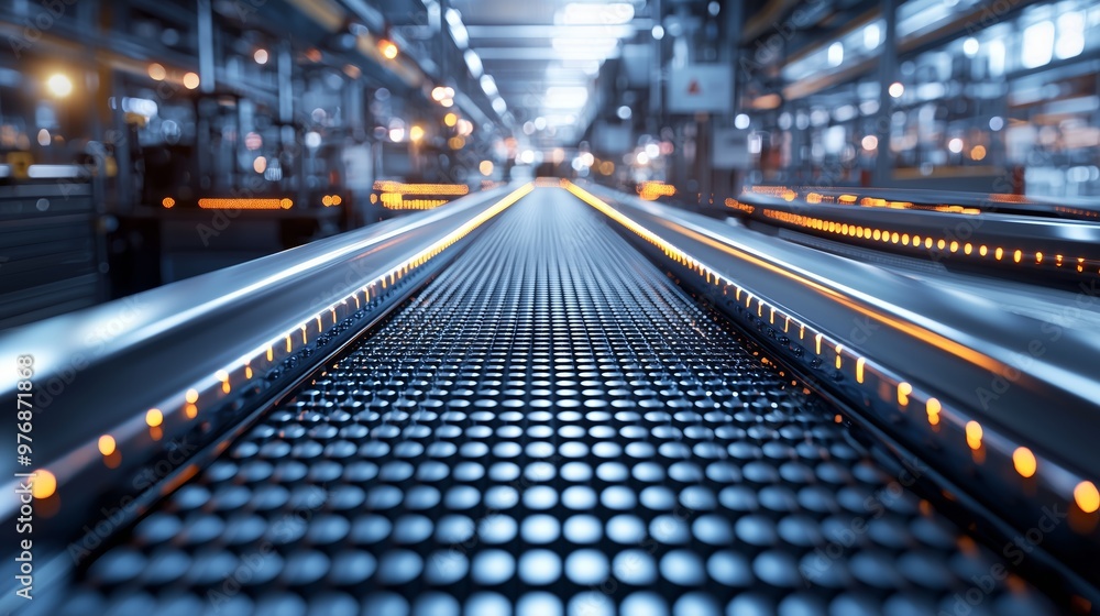 A close-up of a high-tech automated conveyor belt in a brightly lit manufacturing facility, symbolizing industrial automation and innovation. A close-up of a high-tech automated conveyor belt in a brightly lit manufacturing facility, symbolizing industrial automation and innovation.