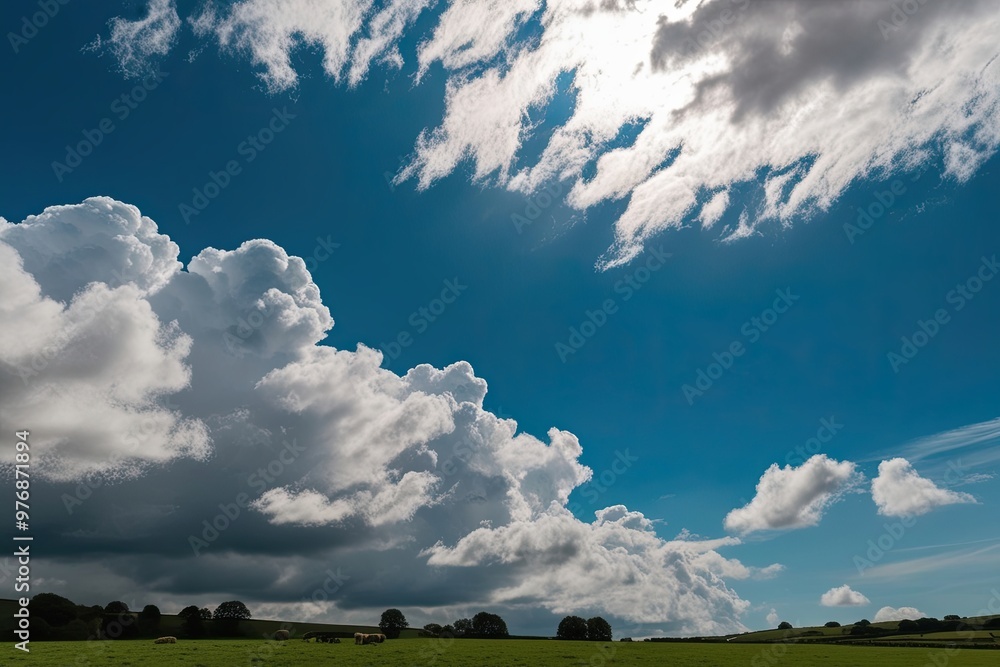 Tranquil Cobalt Sky Above Soft Clouds and Verdant Pastures Tranquil Cobalt Sky Above Soft Clouds and Verdant Pastures