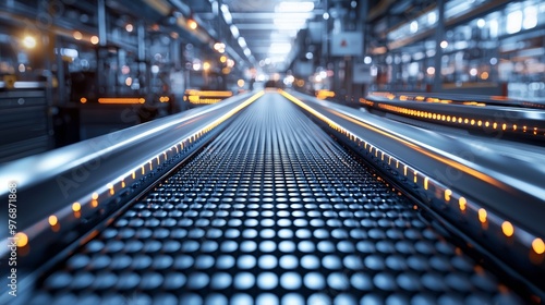 A close-up of a high-tech automated conveyor belt in a brightly lit manufacturing facility, symbolizing industrial automation and innovation.