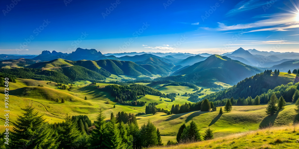 Fototapeta premium Scenic mountain view with clear blue skies and rolling hills, mountain, view, scenery, landscape, nature