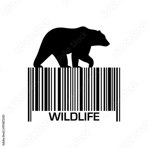 Logo con silueta de oso de perfil en código de barras con palabra Wildlife 