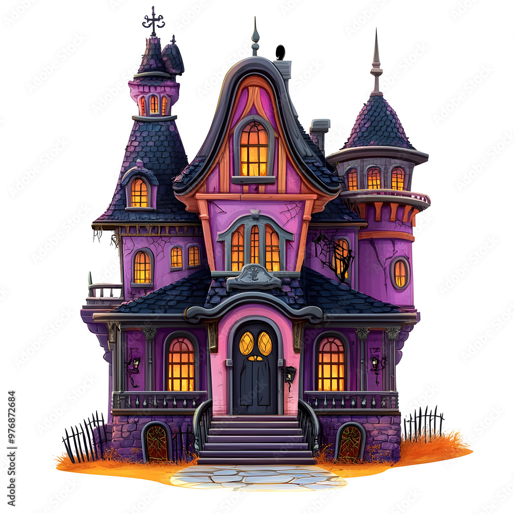 Fototapeta premium Whimsical Haunted Mansion with Spooky Details in Cartoon Halloween Style Isolated on White Background