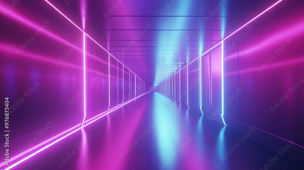 A futuristic hallway with glowing pink and blue neon lights. A futuristic hallway with glowing pink and blue neon lights.
