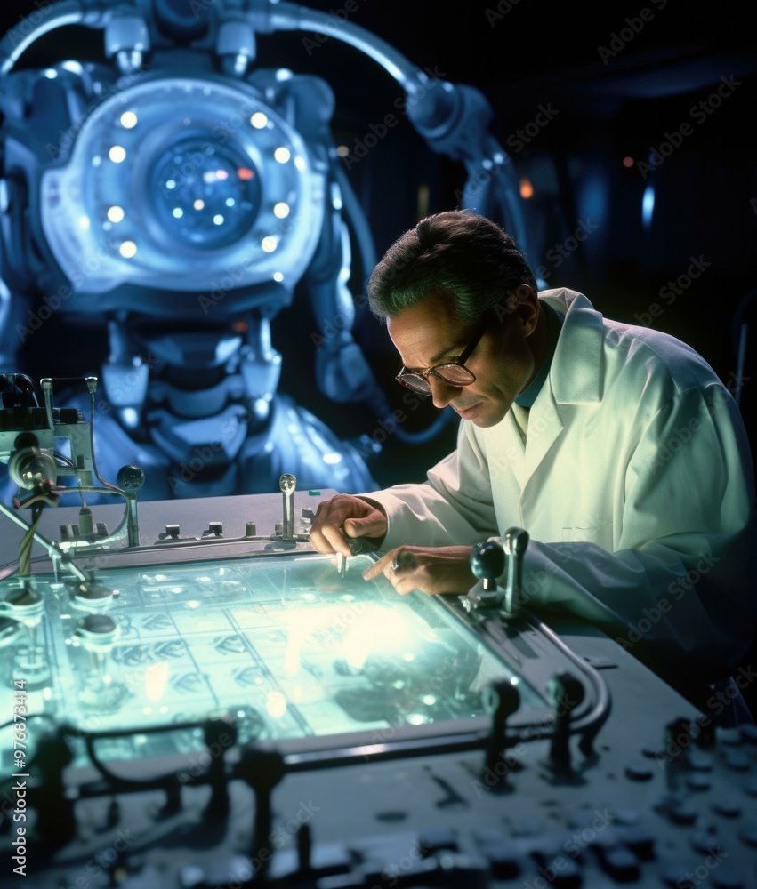 Naklejka premium A scientist works on a futuristic device. AI.