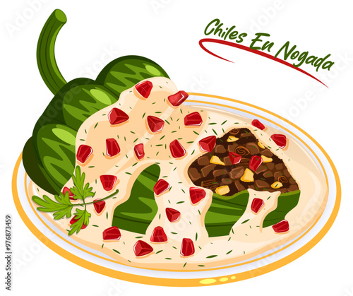 Chiles En Nogada on Plate. Poblano Pepper Stuffed with Picadillo and Topped with Walnut Sauce, Parsley and Pomegranate Seeds - Mexican Dish Vector Illustration 