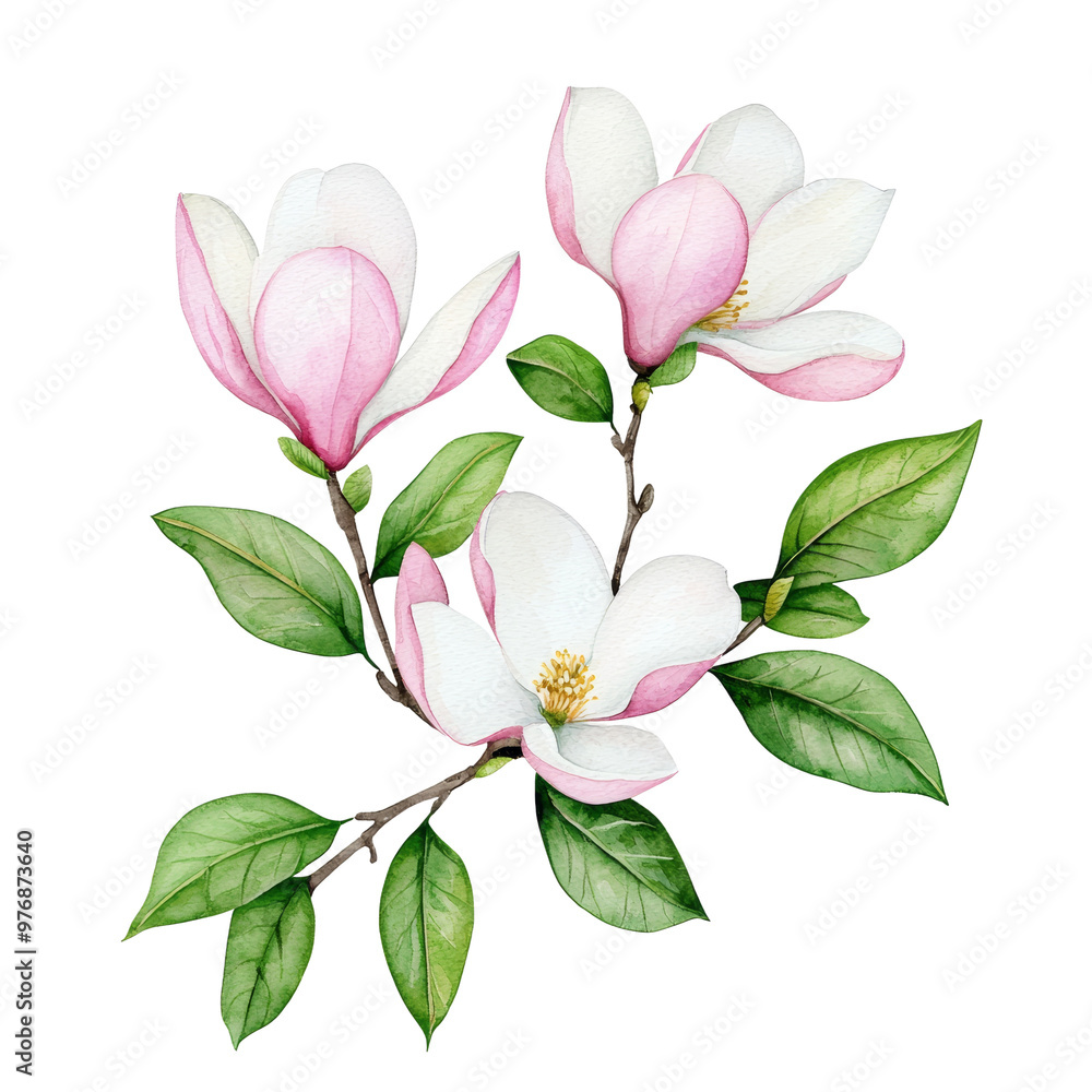 Watercolor illustration of pink and white magnolia flowers with leaves Watercolor illustration of pink and white magnolia flowers with leaves